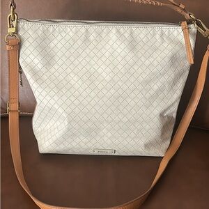 Leather Fossil Cream and Tan Woven Shoulder Bag